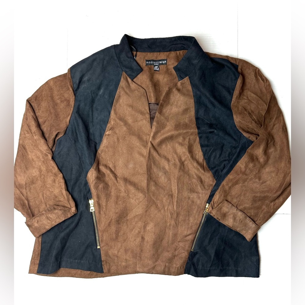 Madison Leigh Women’s 18 W Lightweight Open Front Jacket Brown Black Plus Suede‎